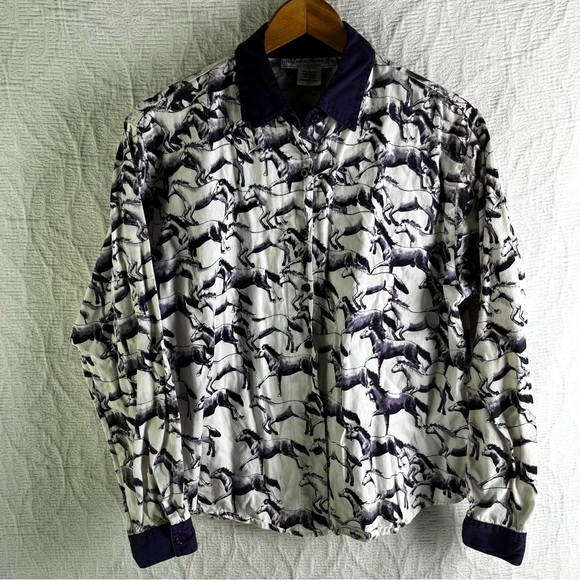 Vintage Adobe Rose 1995 Shirt Womens Large Western Horses Allover Print Purple - Picture 9 of 16